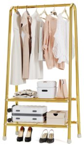 gold garment rack, metal clothes racks, sturdy clothing racks, premium wardrobe rack, closet organizers and storage with double layer shelf for storing clothes, shoes, bags, 24.4 * 13.8 * 62inches