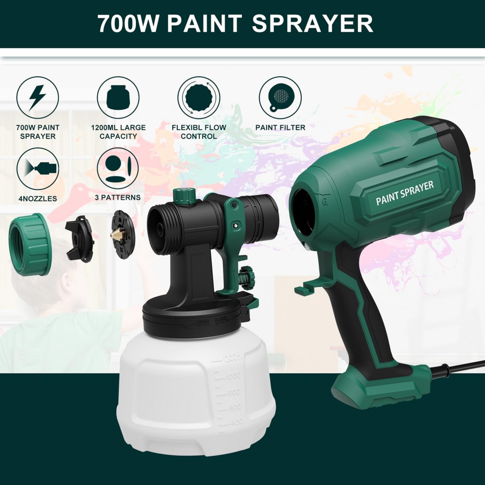 Paint Sprayer, 700W HVLP Spray Gun with 4 Nozzles & 3 Patterns, Paint Gun with Adjustable Spray Width, Paint Sprayers for Home Furniture, Cabinets, DIY Works, Garden Chairs etc.