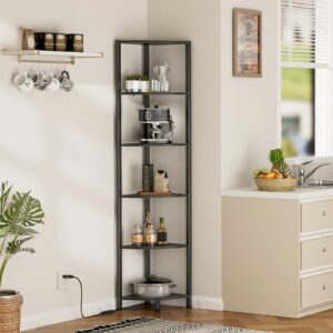 Furnulem 6 Tier Corner Shelf with LED Light, 67.5” Tall Standing Shelf Organizer, Black Narrow Bookshelf with Storage Rack for Wall Corner, Living Room, Bedroom, Metal Frame, Wood Display Shelf