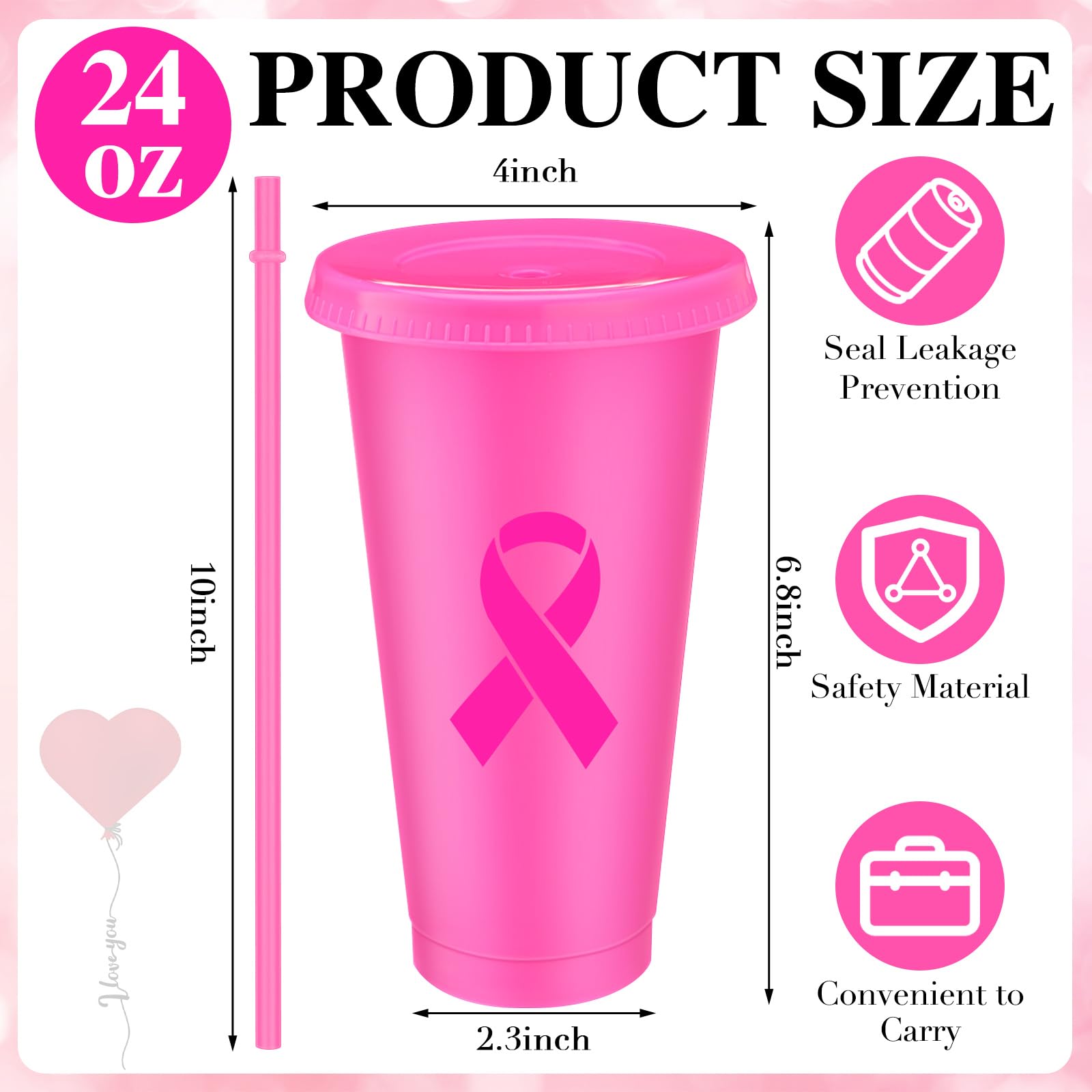 Yiyiring 12 Pcs Breast Cancer Awareness Plastic Tumblers with Lids and Straws Breast Cancer Awareness Cups Breast Cancer Water Bottle Bulk 24 oz Inspirational Ribbon Breast Cancer Cup Gift for Women