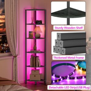 Furnulem 6 Tier Corner Shelf with LED Light, 67.5” Tall Standing Shelf Organizer, Black Narrow Bookshelf with Storage Rack for Wall Corner, Living Room, Bedroom, Metal Frame, Wood Display Shelf