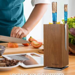 KUCHEASY Magnetic Knife Block 360° Rotating Wood Universal Knife Holder with Four Side Ultra Strong Magnets, Knife Storage Rack with Removable Bristles, Multifunctional Storage for Kitchen Counter Top