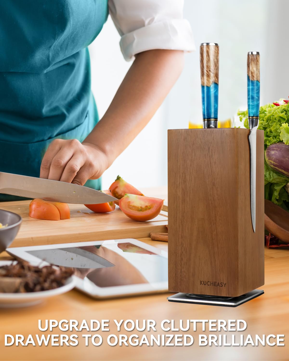 KUCHEASY Magnetic Knife Block 360° Rotating Wood Universal Knife Holder with Four Side Ultra Strong Magnets, Knife Storage Rack with Removable Bristles, Multifunctional Storage for Kitchen Counter Top