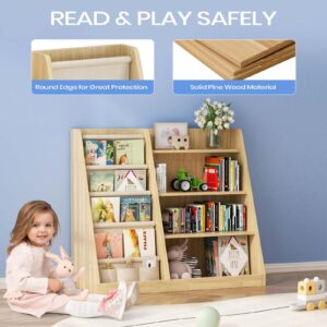 EXPERLAM Kids Bookshelf and Toy Storage Organizer, 4 Tier Wooden Kids Book Shelf with Sling Book Rack in Kids Room Playroom Nursery for Kids, Children, Toddlers