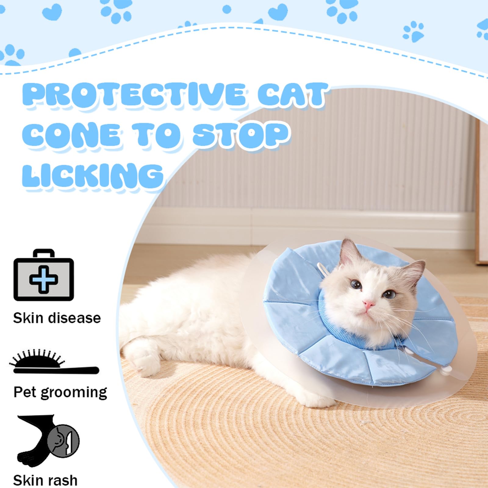 IKIPUKO Cat Cone Collar Soft Adjustable Recovery Pet E-Collar After Surgery, Lightweight Waterproof Kitten Cones, Protective Neck Cones for Small Dogs to Stop Licking Wounds, Blue, M