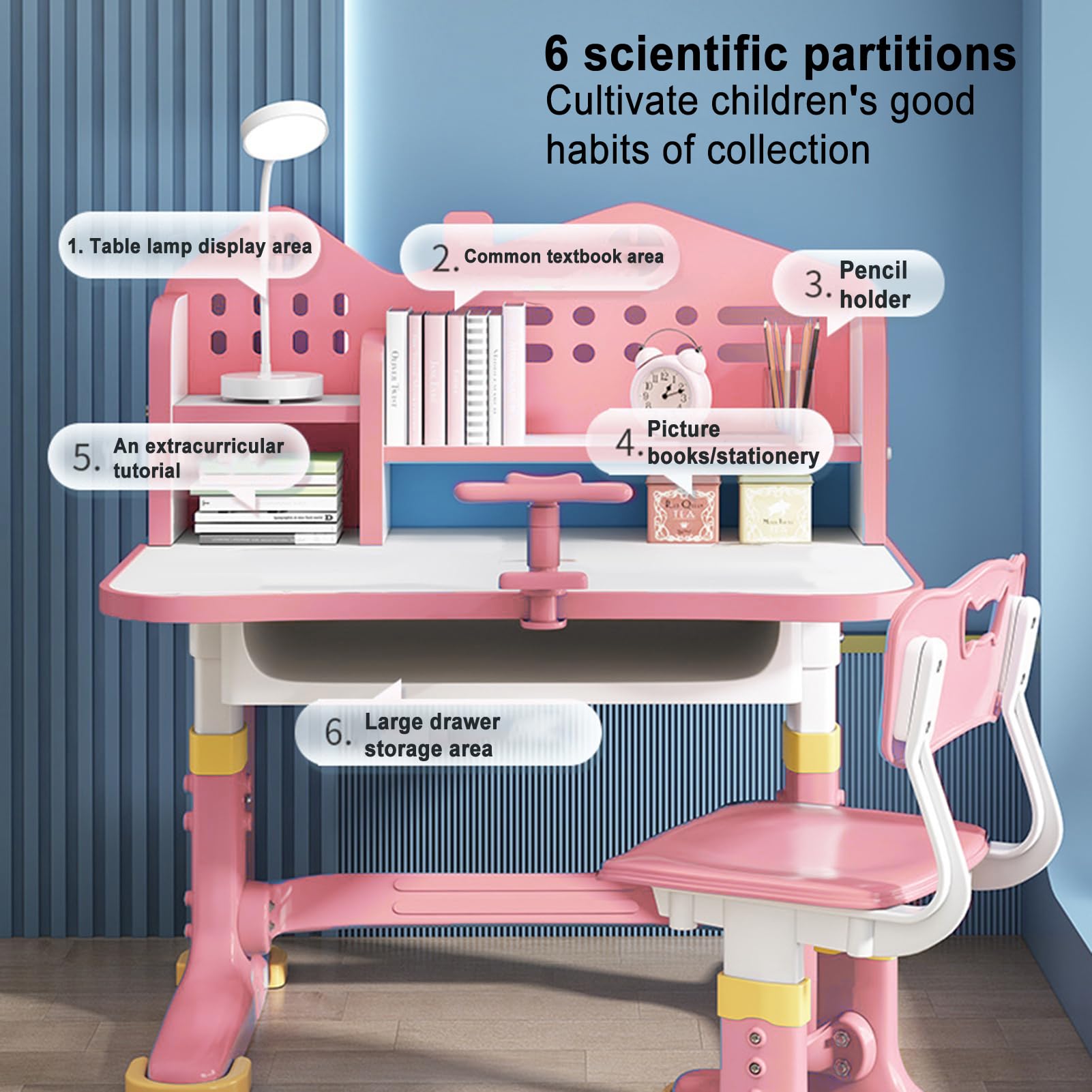 Kids Adjustable Study Desk & Chair Set, Pink Girl Desk, Child Toddler Homework Table, Princess Children Preschool Desk for Writing Homework w/Drawers, Bookshelf, Escritorio Mesas para Niña (Pink1)