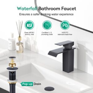 CREA Black Waterfall Bathroom Faucet 1 Hole,Matte Black Bathroom Faucet Single Handle Bathroom Sink Faucet with Pop Up Drain Stopper/ 3 Hole Plate,Stainless Steel RV Vanity Faucet Basin Mixer Tap