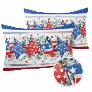 JasmineM Independence Day Star Outdoor Pillow Covers 20x12inch Set of 2, Polyester Waterproof Throw Pillow Covers Garden Cushion Decorative Case for Patio Couch Decoration, Eucalyptus Leaves Blue Red