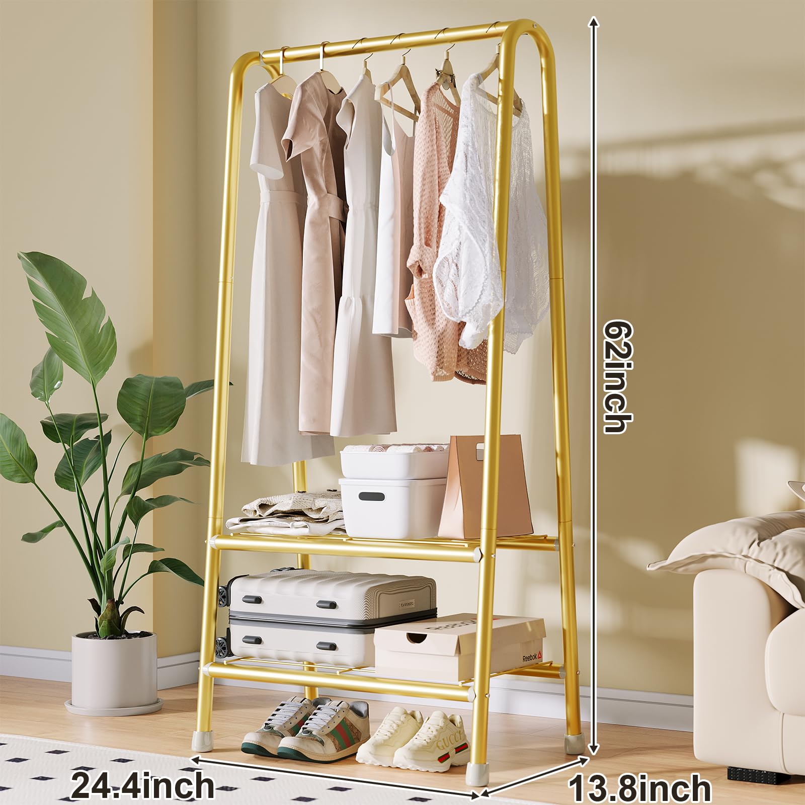 Gold Garment Rack, Metal Clothes Racks, Sturdy Clothing Racks, Premium Wardrobe Rack, Closet Organizers and Storage with Double Layer Shelf for Storing Clothes, Shoes, Bags, 24.4 * 13.8 * 62Inches