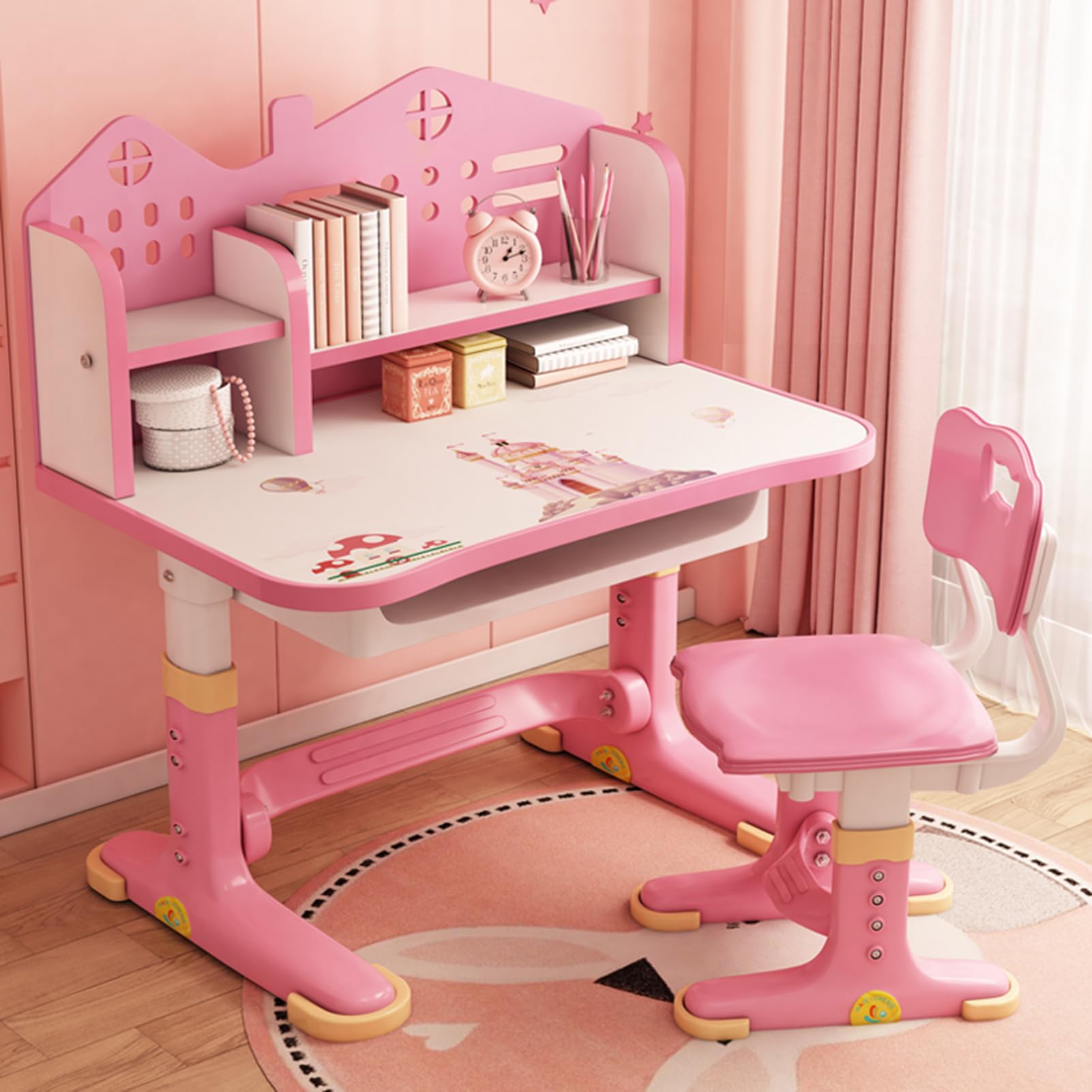 Kids Adjustable Study Desk & Chair Set, Pink Girl Desk, Child Toddler Homework Table, Princess Children Preschool Desk for Writing Homework w/Drawers, Bookshelf, Escritorio Mesas para Niña (Pink1)