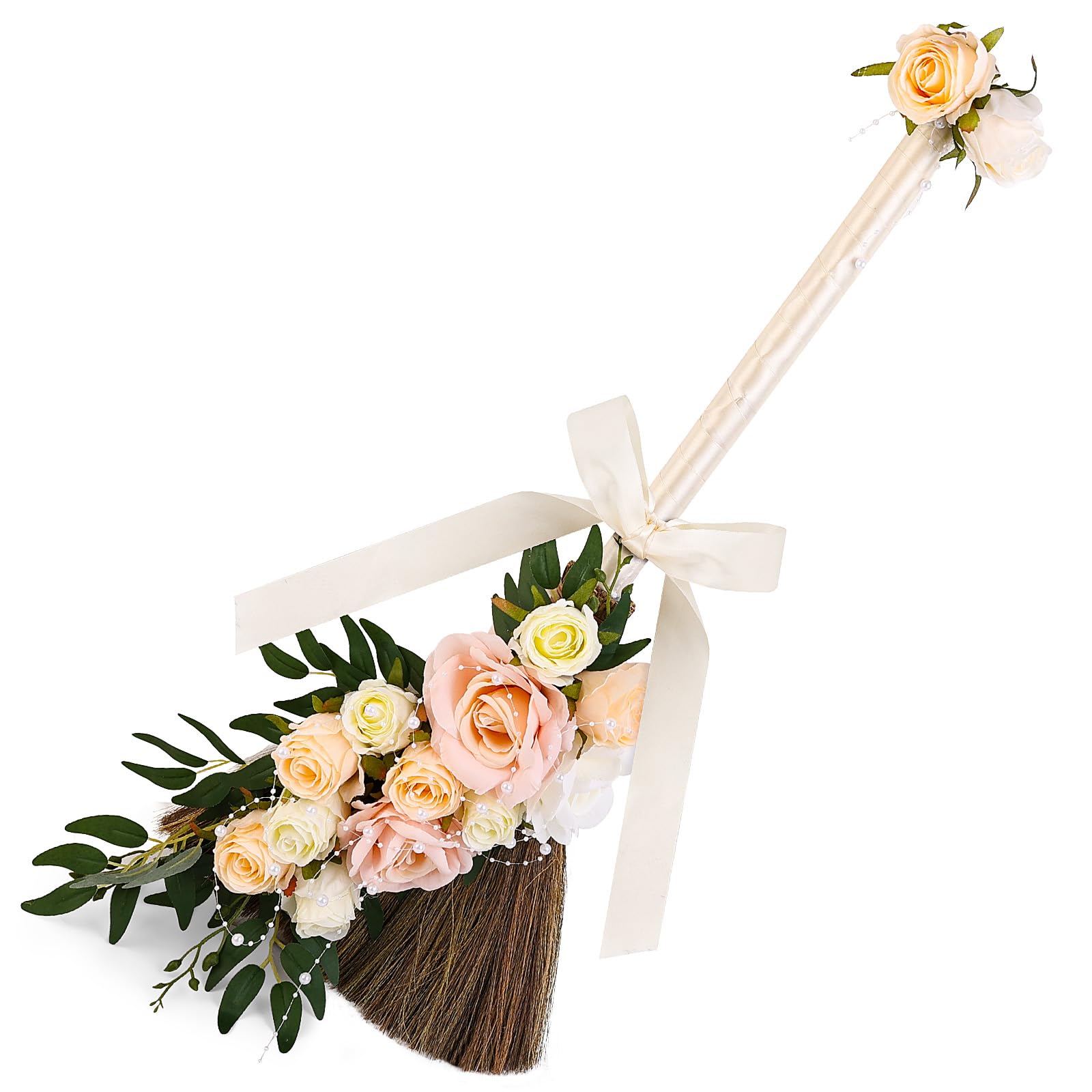 LORDLDS Wedding Broom DIY Jumping Broom for Wedding Ceremony 28 inch Tall Whisk Broom with Artificial Roses/Green Leaves/Ribbons/Pearl