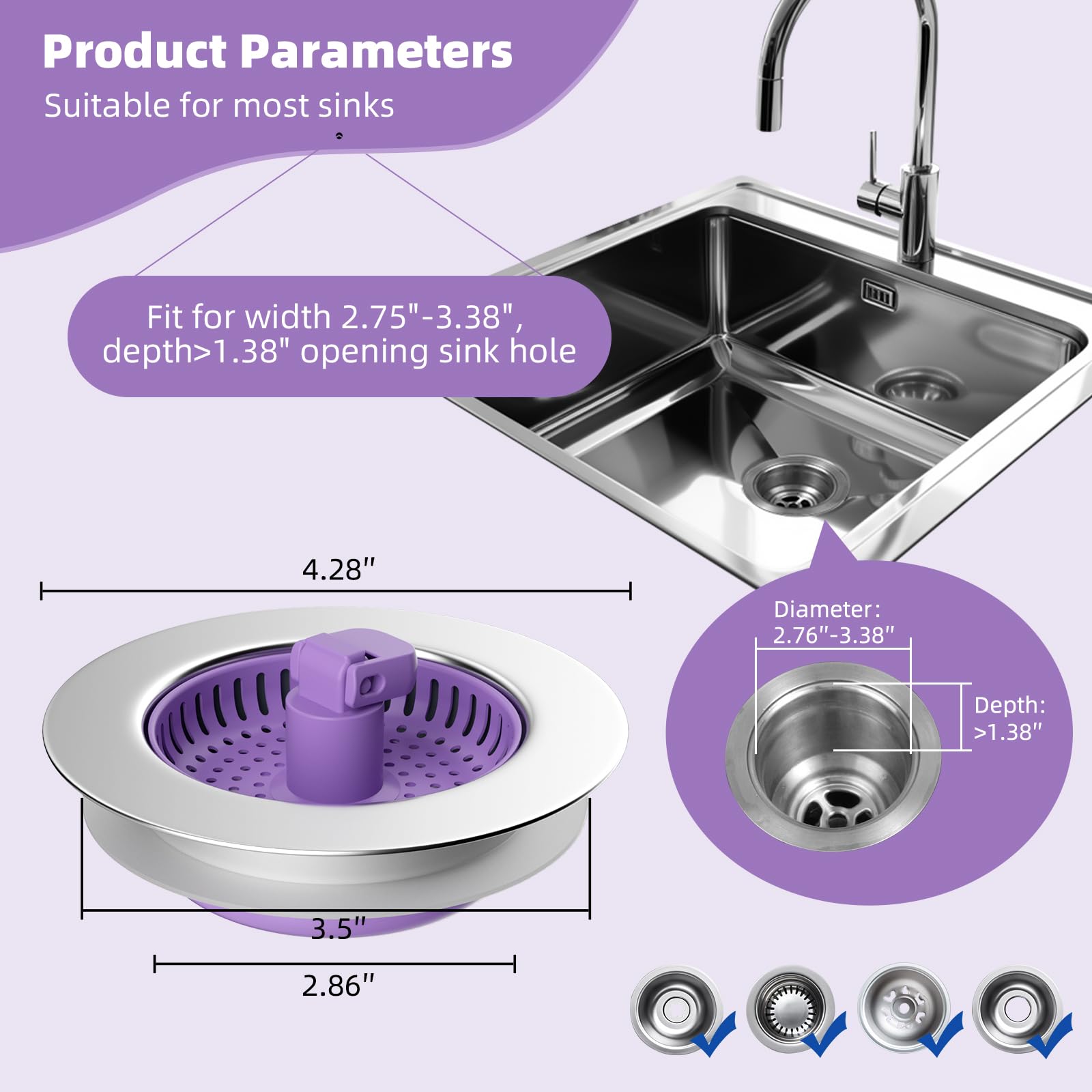 Hibbent Universal 3 in 1 Kitchen Sink Drain Strainer with Sink Stopper, Chrome Stainless Steel Wraped Shell, Anti-Clogging Basket Strainer, Foldable Handle, Fit for US Standard 3-1/2" Drain, Purple