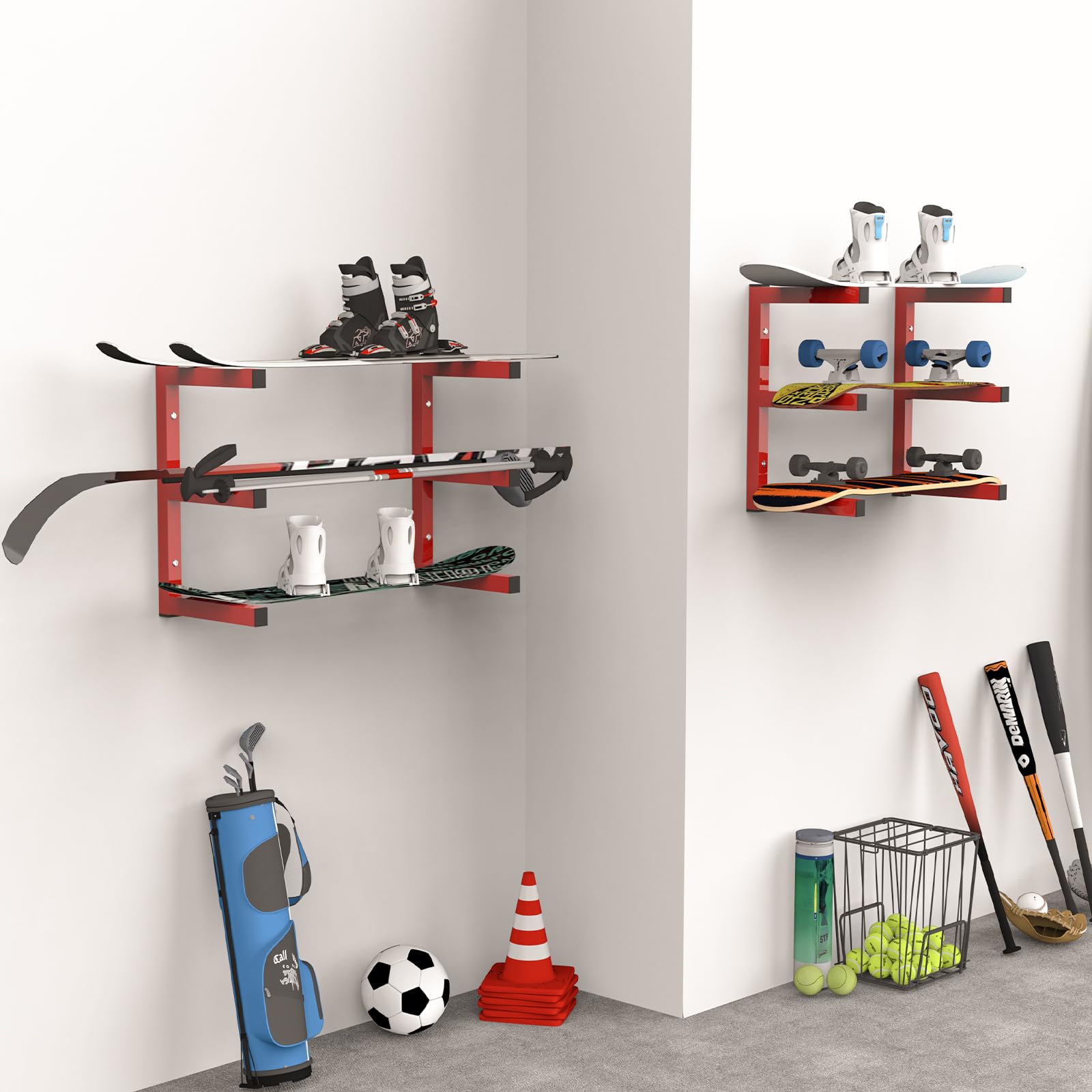 YheenLf Wall Mount Lumber Storage Rack and Garage Shelving, Wood Organizer, 4Pack Holds Up 1200 LB with 3-Level-Indoor and Outdoor Use,16.7 x 12.7 x 1.2 Inches, Red, HMBJ001R-4