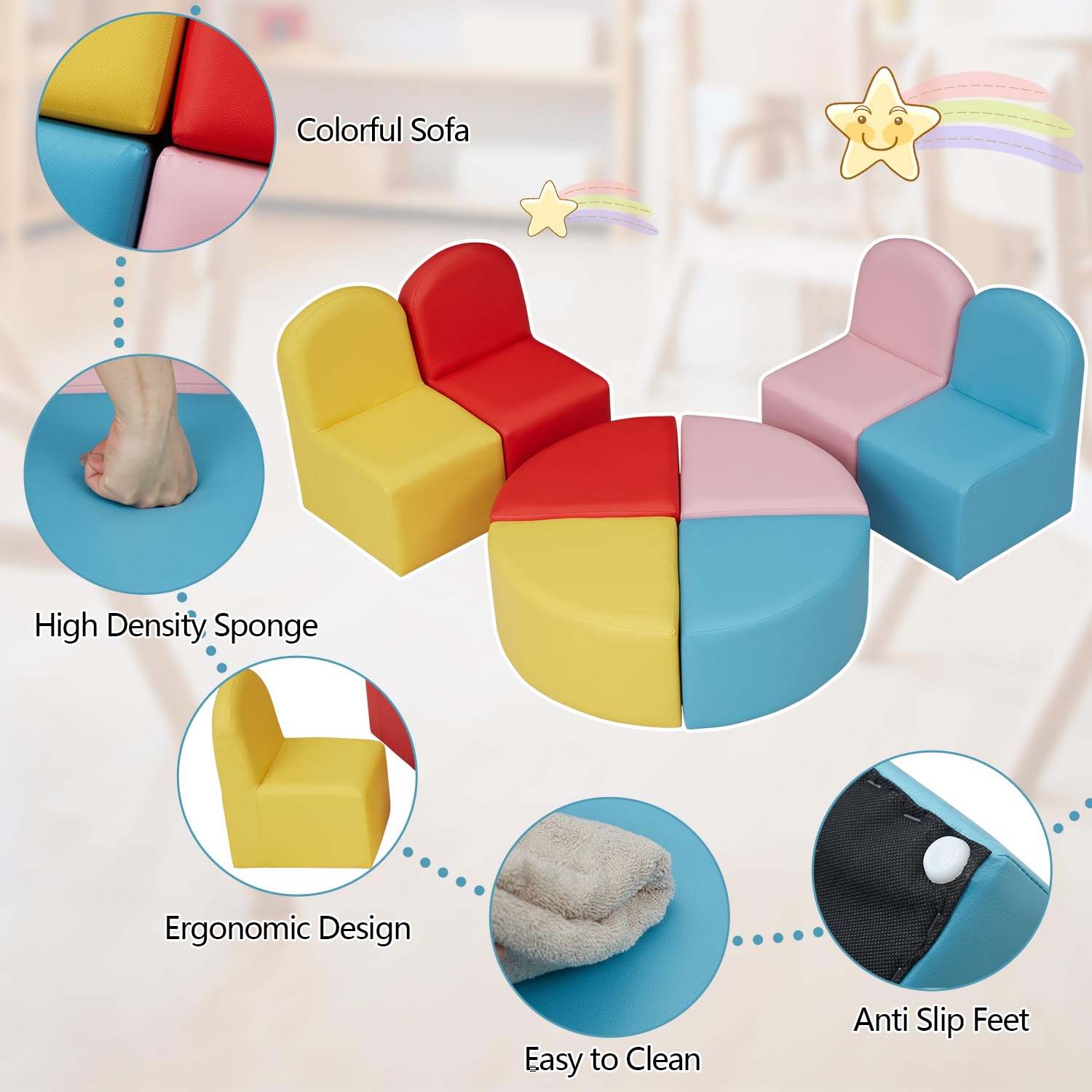 JSUN7 Kids Couch Daycare Furniture - 8 Pieces Kids Modular Flexible Seating Set with Colorful Chairs and Stools, Kids Sofa Set Leather Couch for Toddler, Playroom Preschool Classroom Home