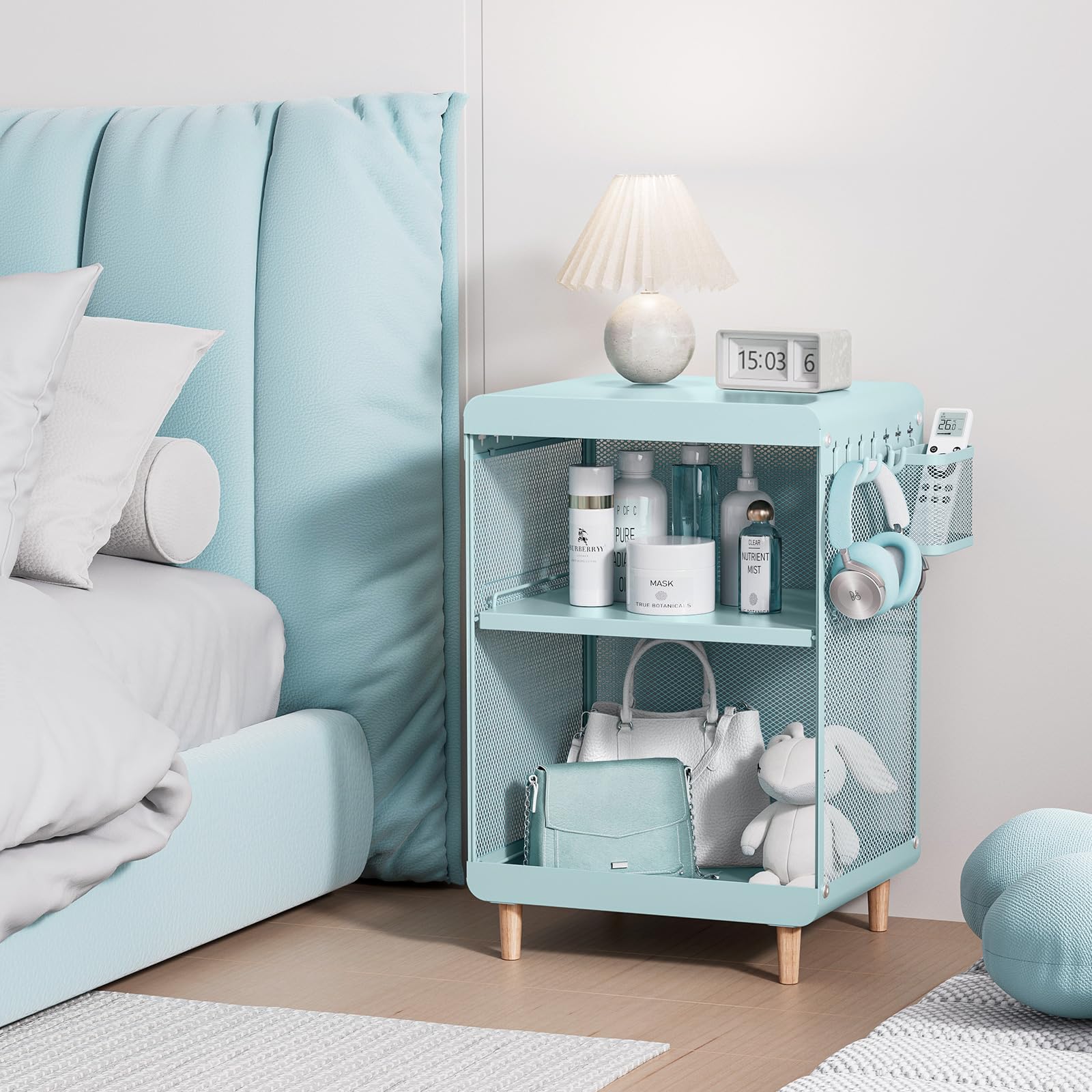 SYKIARIOL Cute Bedside Nightstand Table, Girls Metal Side Table, Kid End Table with Storage for Living Room Bedroom Kid's Room Dorm Office (Classic Mint Green)