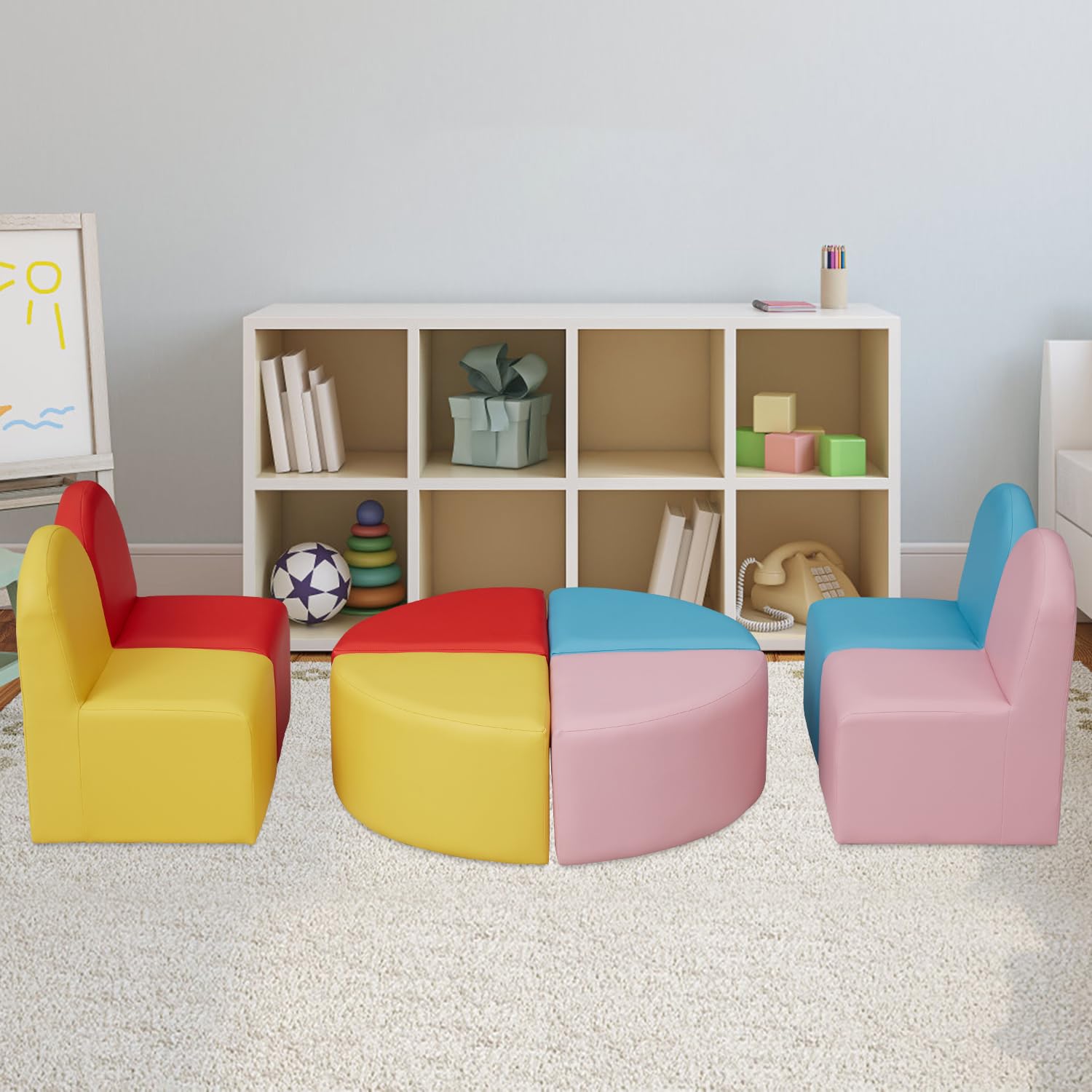 JSUN7 Kids Couch Daycare Furniture - 8 Pieces Kids Modular Flexible Seating Set with Colorful Chairs and Stools, Kids Sofa Set Leather Couch for Toddler, Playroom Preschool Classroom Home