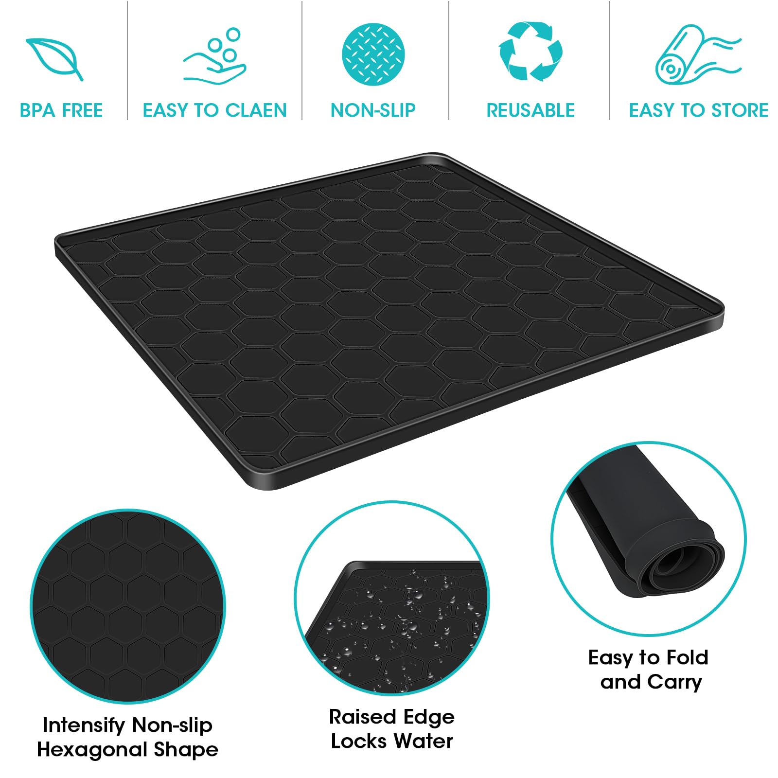 Haxmdfa Mini Fridge Silicone Mat 24''x24 X0.6'' Under Refrigerator Mat Silicone Refrigerator Floor Mat Freezer Protect From Appliance Leaks Water Spills (Black)