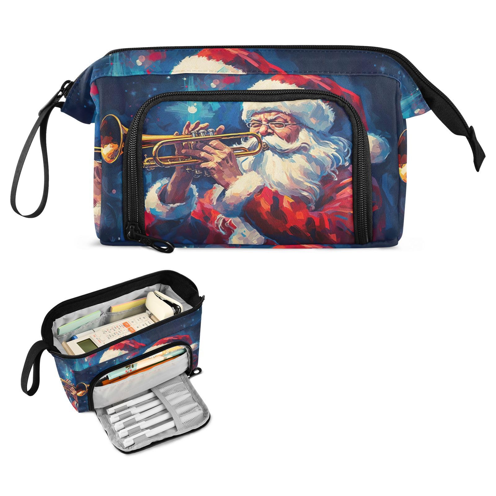 Generic Santa Claus Trumpet Large Pencil Case Pouch Pen Case for Girls Boys Adults Big Capacity Portable Pen Case Bag with Zipper Pencil Cases Pouches for Birthday Gift Back to School Supplies