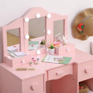 Hobbyfield Kids Vanity Table, Girls Vanity with Tri-Folding Mirror, Drawer,Open Storage Shelves, Makeup Playset with Chair, Princess Vanity Table for Toddlers(Pink)