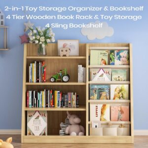 EXPERLAM Kids Bookshelf and Toy Storage Organizer, 4 Tier Wooden Kids Book Shelf with Sling Book Rack in Kids Room Playroom Nursery for Kids, Children, Toddlers