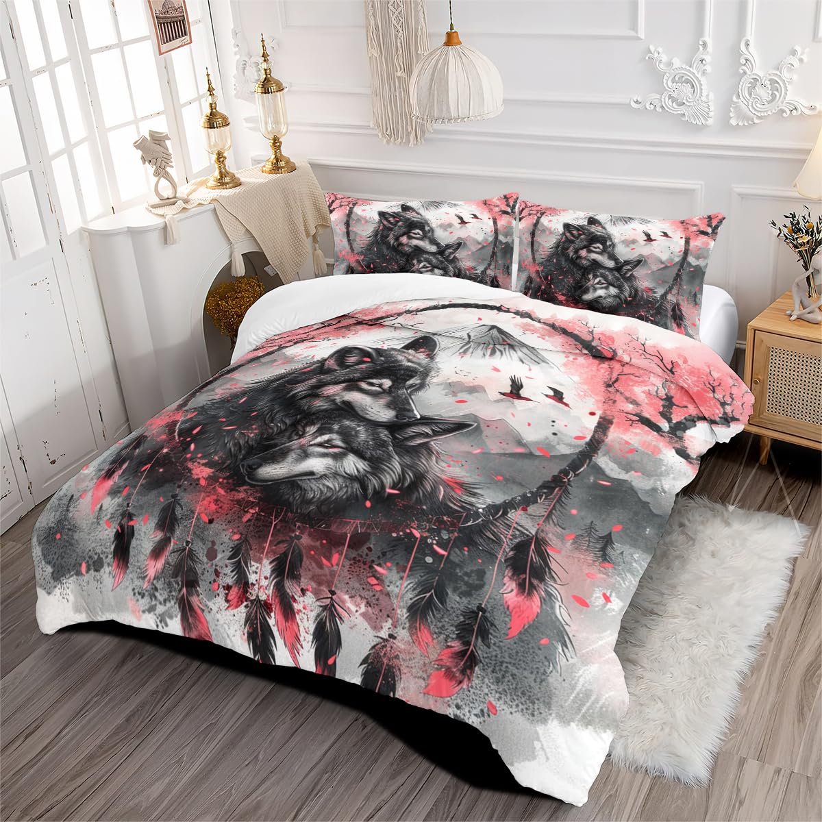 CCoutueChen Wolves Duvet Cover Set King Size Japanese Cherry Blossoms Comforter Bedding Set Retro Animal Duvet Covers for Girls Women Adults Bohemian Dream Catcher Duvet Cover with 2 Pillowcases