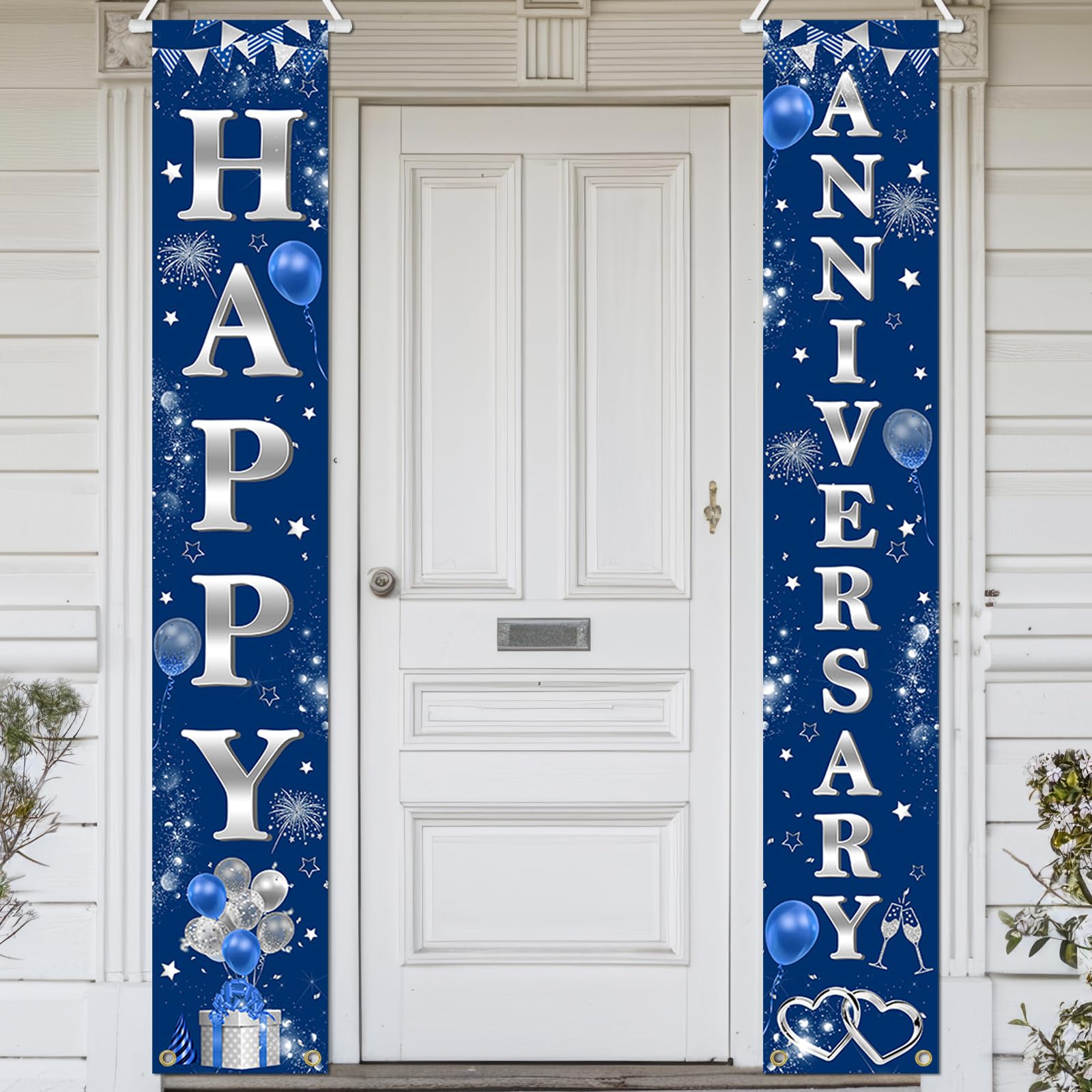 Avezano Happy Anniversary Door Banner Navy Blue Silver Anniversary Porch Signs Welcome Hanging Banner for Wedding Anniversary Party Decorations