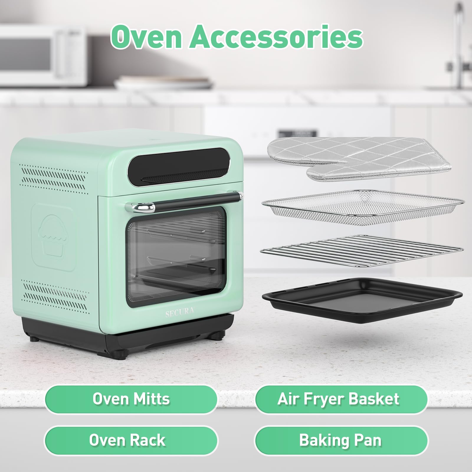 Secura Multifunction Air Fryer Steam Oven, 13 Quart Compact Oven with Convection Bake, Airfryer, Rapid Steam, Ferment, Dehydrator Combo, Nutritious & Delicious Food Steamer for Cooking (Mint Green)