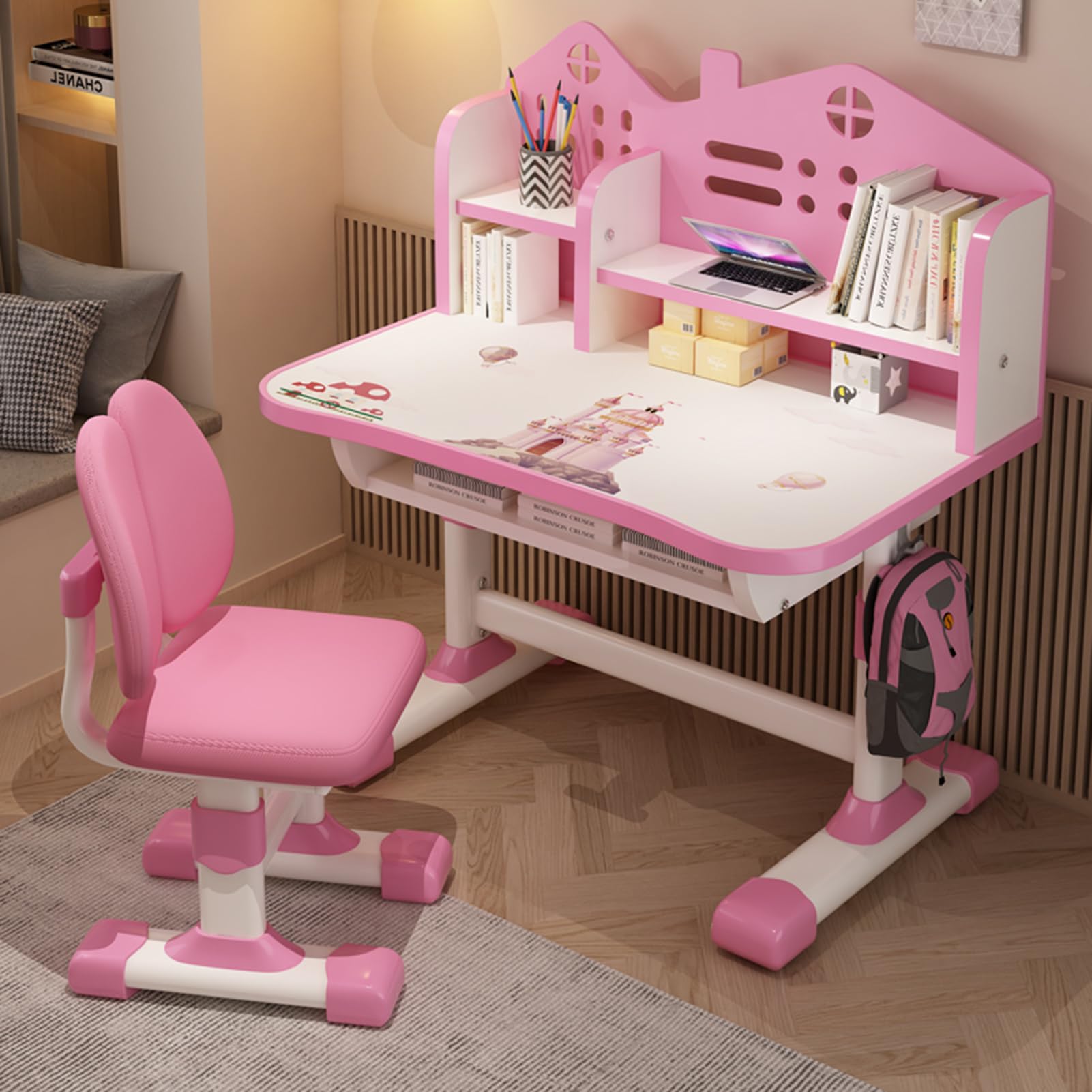 Kids Adjustable Study Desk & Chair Set, Pink Girl Desk, Child Toddler Homework Table, Princess Children Preschool Desk for Writing Homework w/Drawers, Bookshelf, Escritorio Mesas para Niña (Pink2)