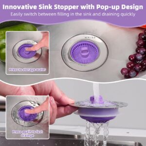 Hibbent Universal 3 in 1 Kitchen Sink Drain Strainer with Sink Stopper, Chrome Stainless Steel Wraped Shell, Anti-Clogging Basket Strainer, Foldable Handle, Fit for US Standard 3-1/2" Drain, Purple