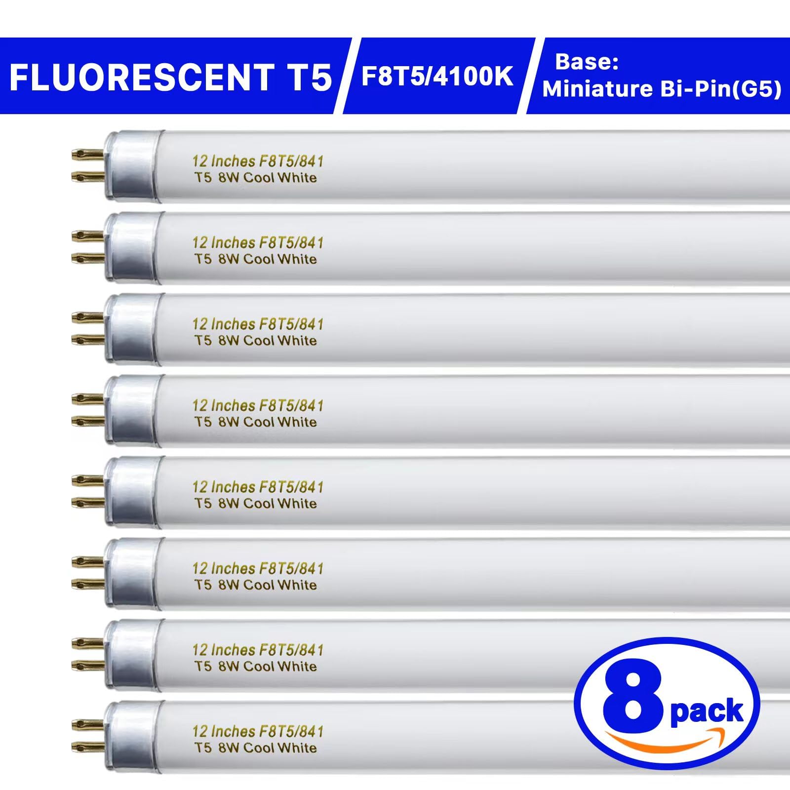 Konideke 8 Pack F8T5/CW Fluorescent Bulbs, T5 12 inch 8 Watts Under Cabinet Light Bulb Cool White, G5 Mini Bi 420 Lumen