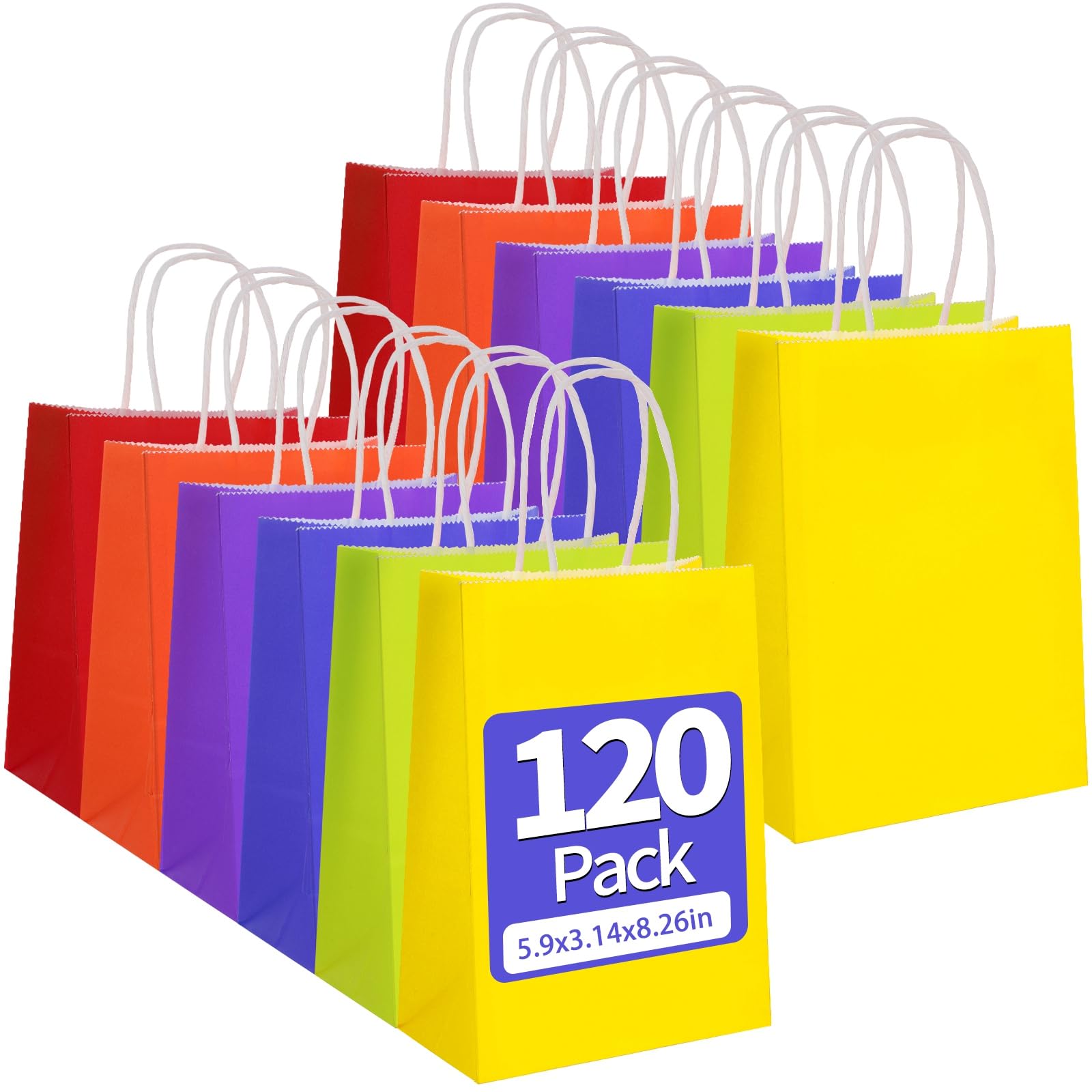 120 PCS Paper Gift Bags, 5.9x3.1x8.3 in Party Favor Bags with Handles Colorful Bulk Small Gift Bags for Kids Party Christmas Holiday Birthday Baby Shower Stocking Stuffers(6 Colors)