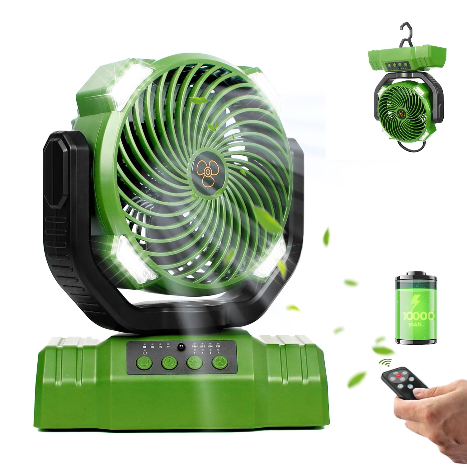 Camping Fan with LED Lantern, 10000mAh Battery Rechargeable Operated Fan, Portable Tent Fan with Hanging Hook, Remote, Oscillating, Timer, Personal Fan for Tent Car RV Hurricane Emergency (Green)