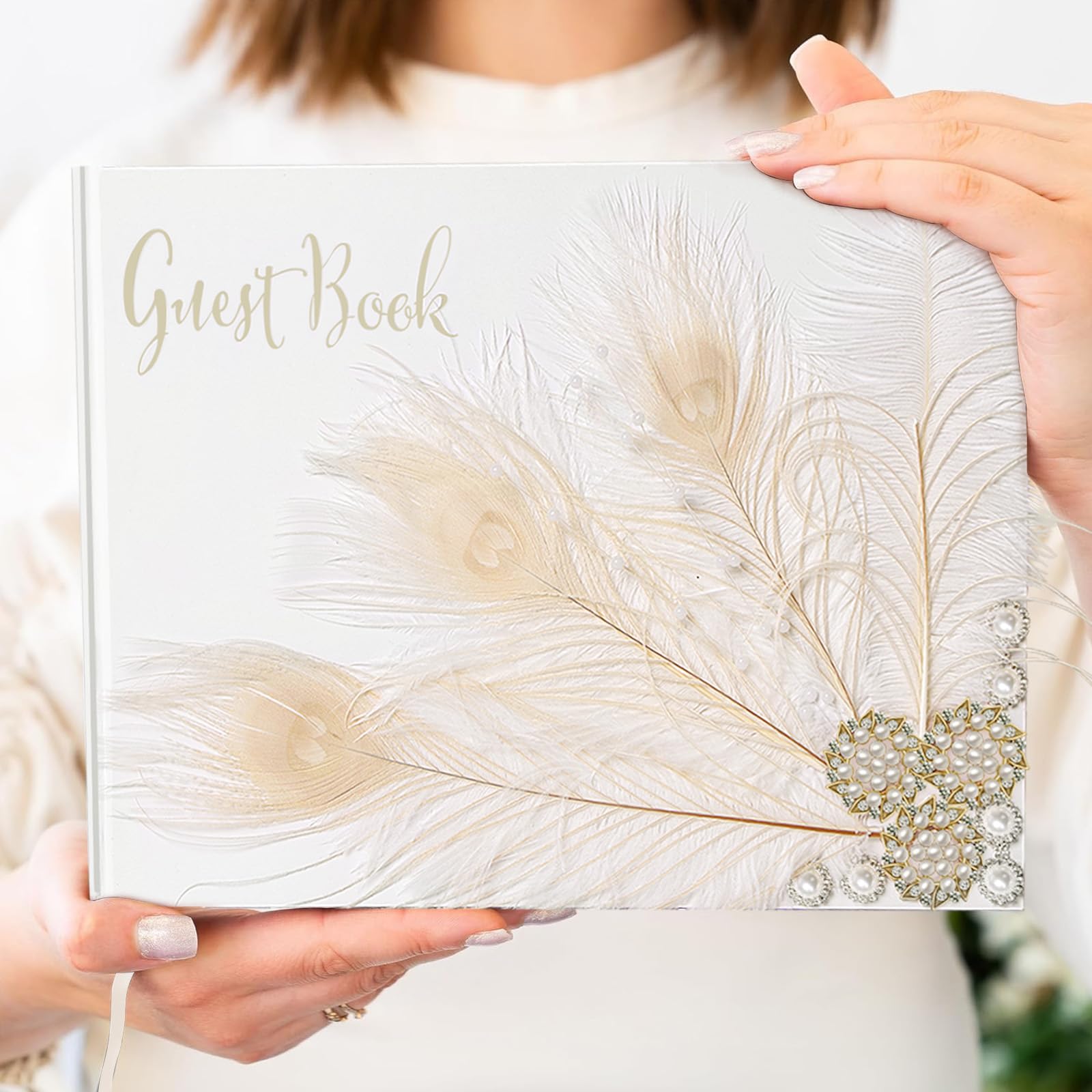 Vijiv Personalized Wedding Guest Book for Wedding Reception Signs, Bridal Baby Shower, Peacock Feather Hardcover Guestbook for Table Decoration Engagement Birthday Party Event, Photo Corners and Pen