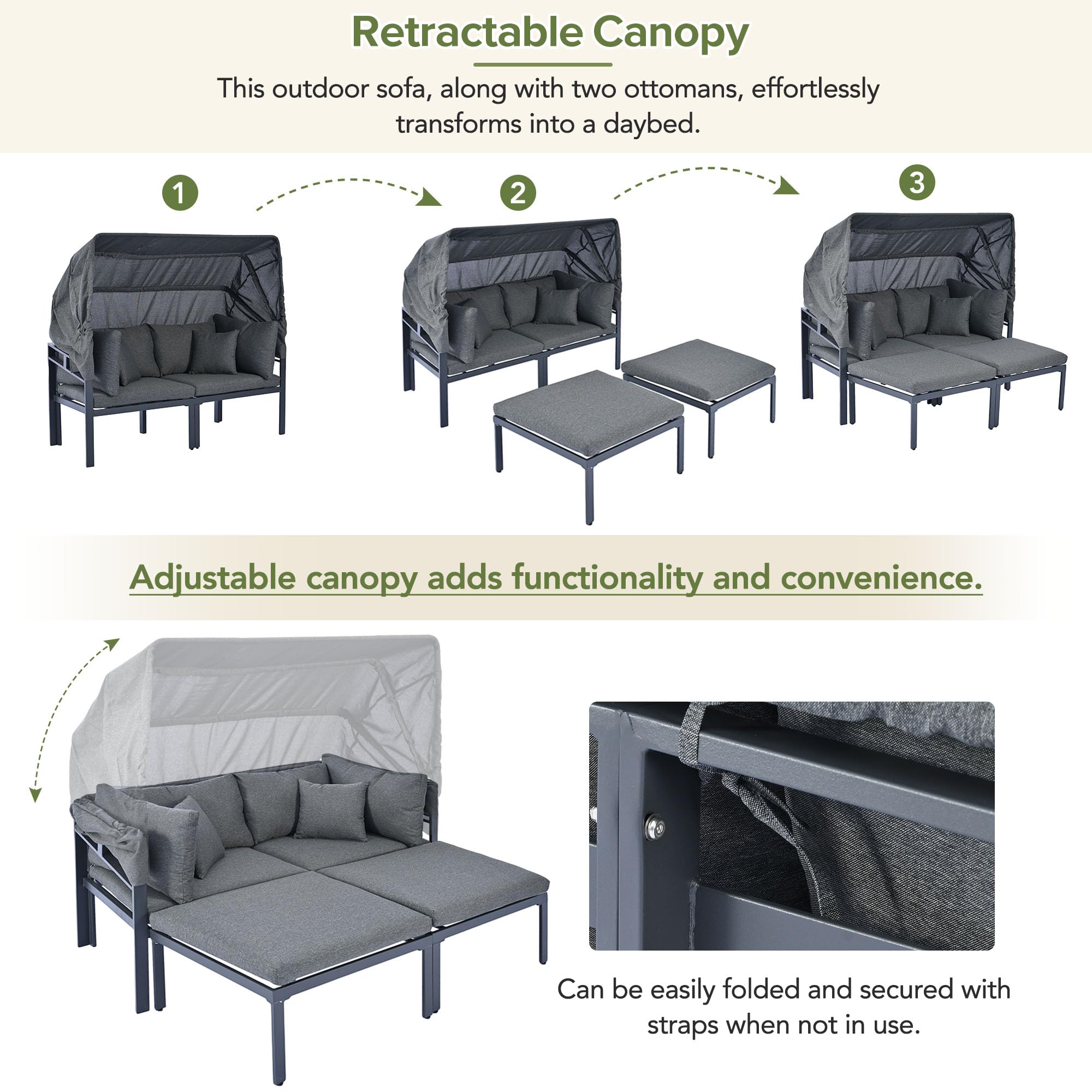 Merax 3-Piece Patio Daybed with Retractable Canopy and Cushions, Outdoor Metal Sectional Sofa Set Sun Lounger for Backyard, Porch, Poolside, Grey