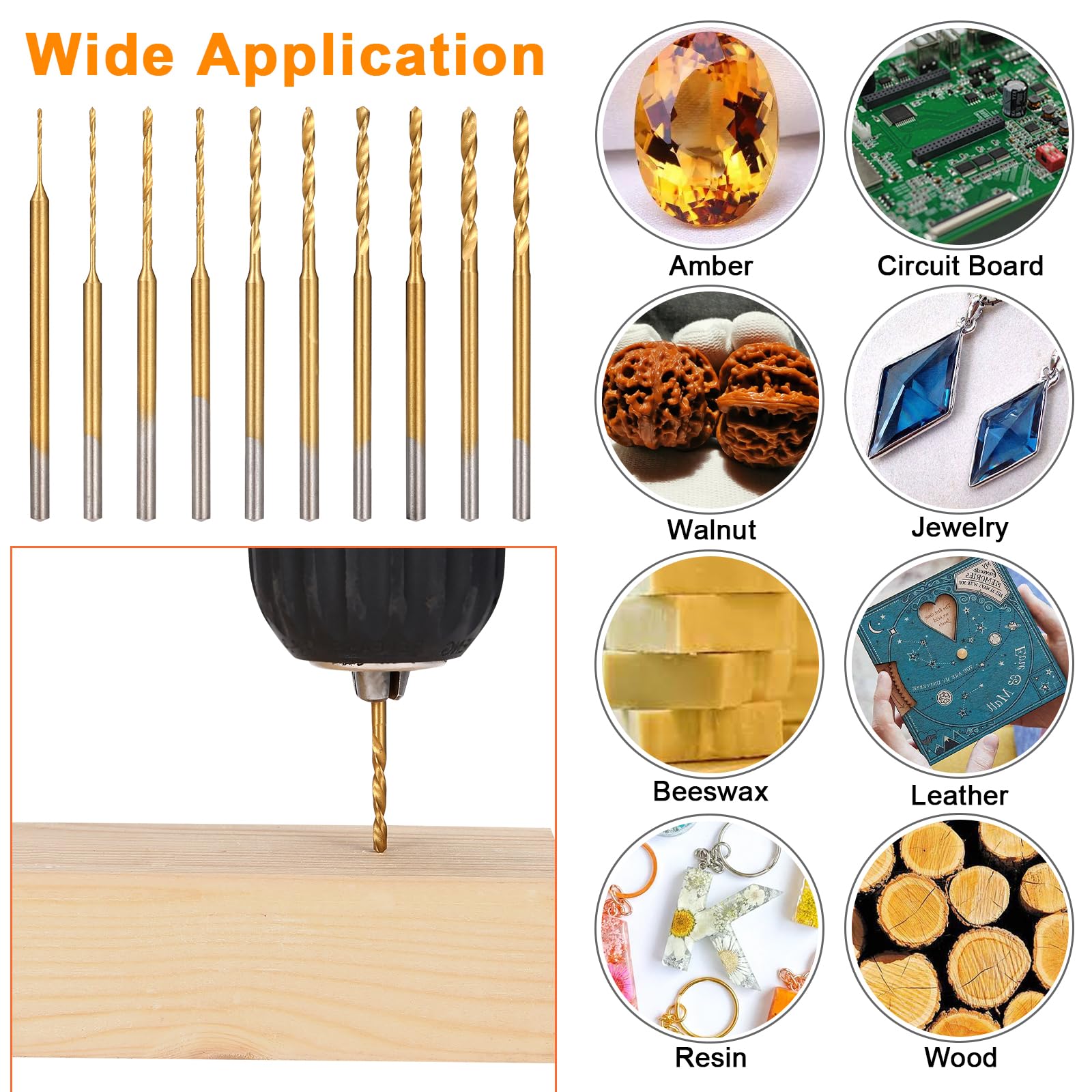 Uolor Mini Twist Drill Bit Set, 10Pcs Micro Engraving Drill Bits, 0.6mm-2.2mm, HSS 2.35mm Shank Titanium Coated Tiny Drill Bit Hole Drilling Tool for DIY Resin, Jewelry, Amber, Circuit Board, Walnut