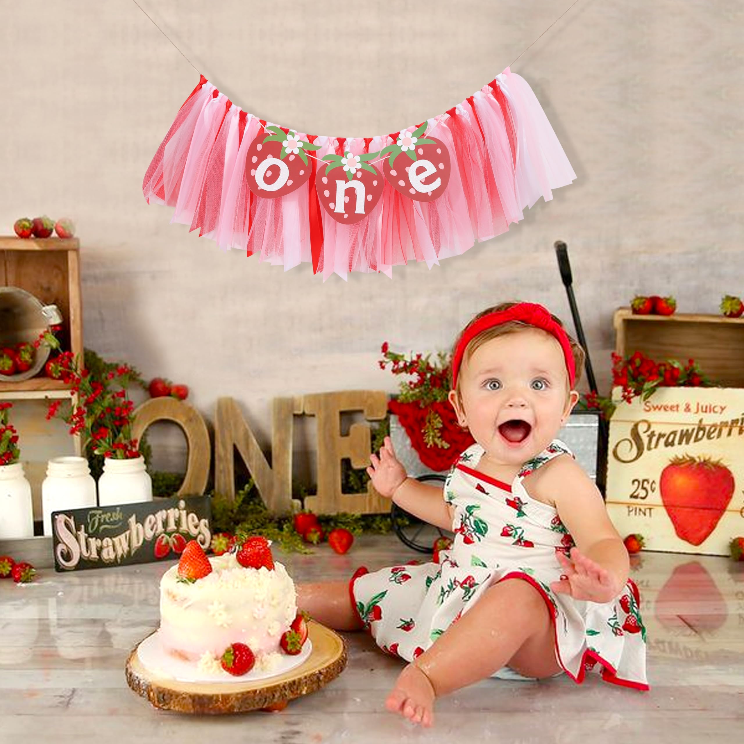 Strawberry One High Chair Banner - Berry Sweet First Birthday Party Decorations,One Red Strawberry Banner,Sweet 1st Birthday Cake Smash Party Decor,Strawberry Girl Birthday Photo Props