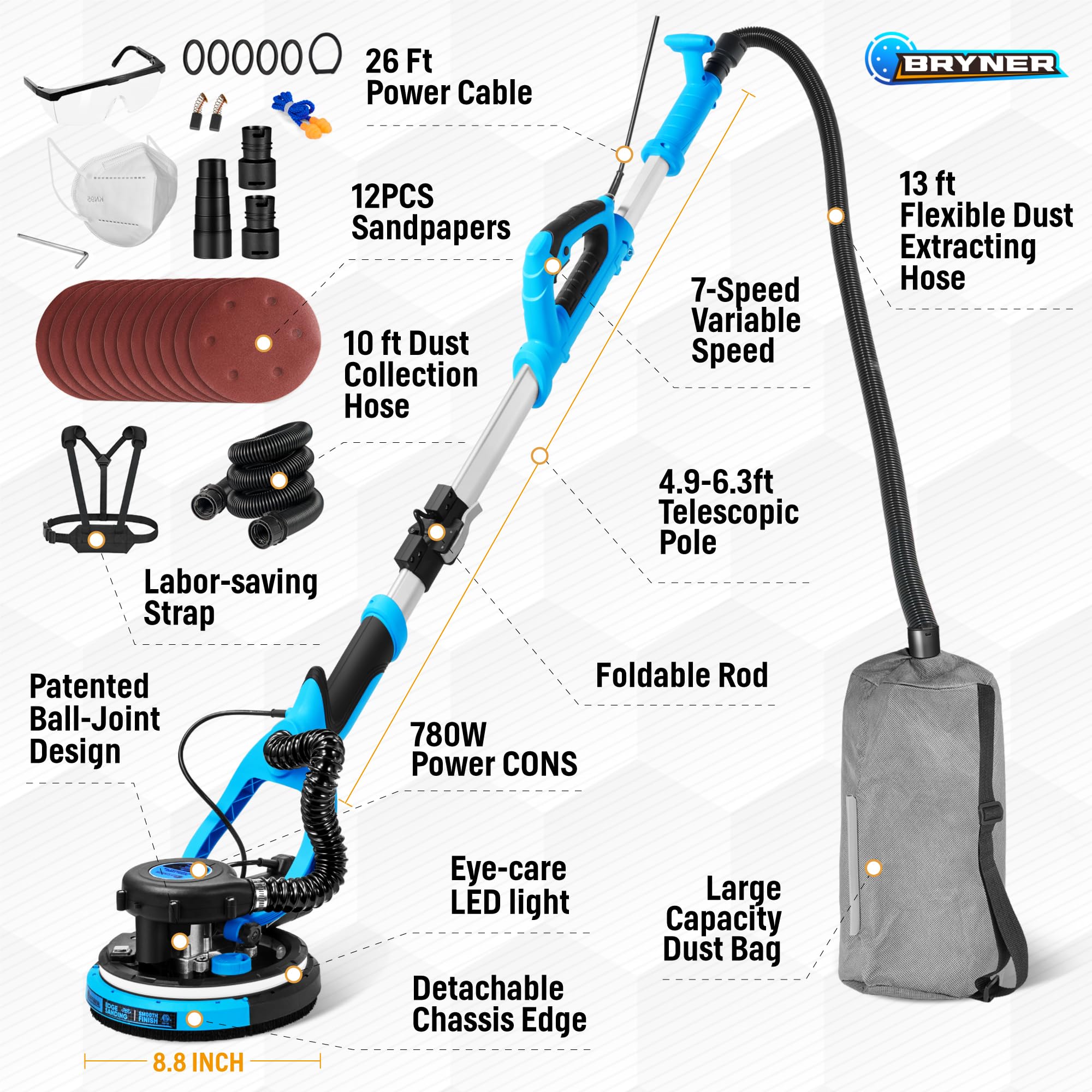 Drywall Sander, Electric Drywall Sander with Vacuum Labor-Saving Back Belt，7 Variable Speed, LED Light, 900-1800RPM, Dustless Floor Sander for Popcorn Ceiling, Wood Floor