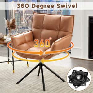 Fahomiss 360° Swivel Desk Chair No Wheels - Mid-Century Modern Desk Chair, Upholstered Faux Leather Desk Chair with Metal Legs, Office Chair for Living Room Reading Room Office(Brown, X1)