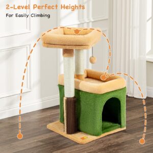 Innsfurr Small Cat Tree for Indoor Cats, Cat Scratching Post with Cat Condo Cat Tower for Multiple Cats, Plush Cozy Perch | Cat Massage Brush | Activity Hanging Pompoms for Kittens, Green