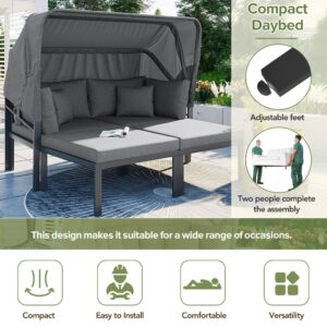 Merax 3-Piece Patio Daybed with Retractable Canopy and Cushions, Outdoor Metal Sectional Sofa Set Sun Lounger for Backyard, Porch, Poolside, Grey