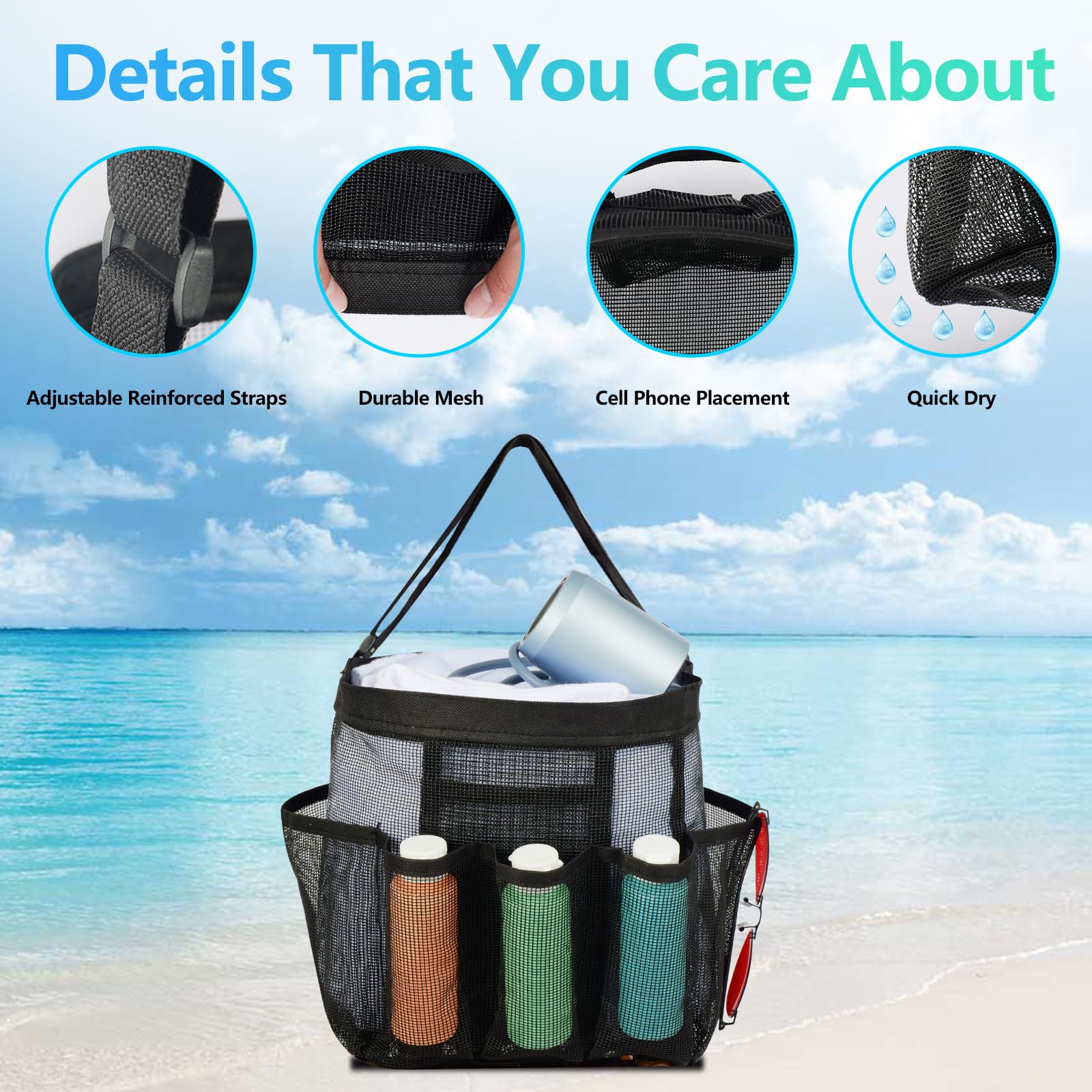 Black Mesh Shower Caddy Portable for College Dorm with 3 Bonus Travel Bottles - Large Capacity Mesh Beach Tote Bag with Adjustable Reinforced Strap - Quick Dry and Sandproof Shower Bag for Beach, Pool