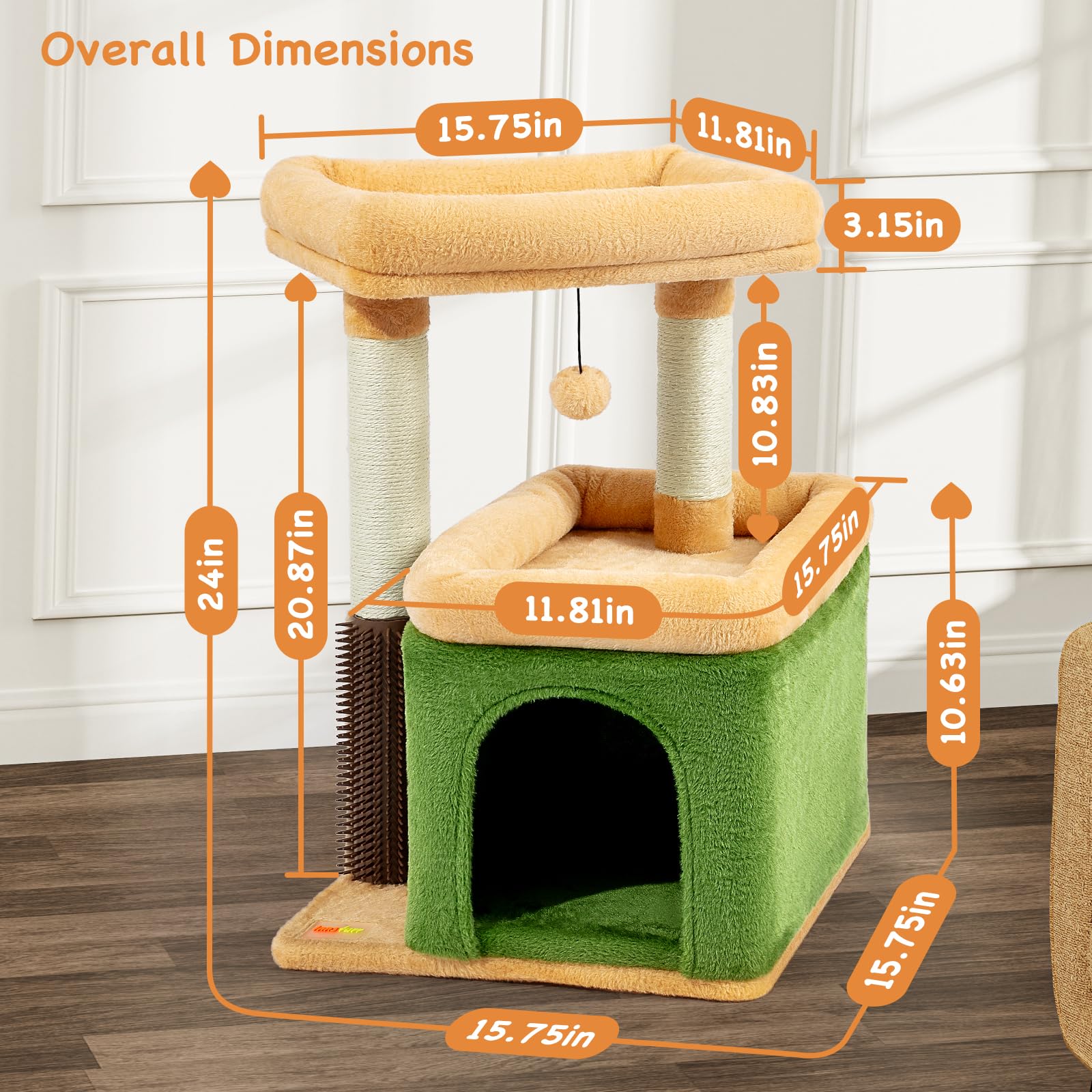 Innsfurr Small Cat Tree for Indoor Cats, Cat Scratching Post with Cat Condo Cat Tower for Multiple Cats, Plush Cozy Perch | Cat Massage Brush | Activity Hanging Pompoms for Kittens, Green