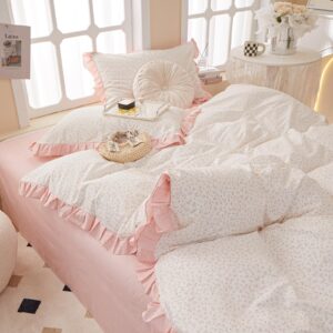 Pink Floral Duvet Cover Twin Chic Flower Print Ruffle Duvet Cover Cotton Lace Comforter Cover Country Style Floral Bedding Set Romantic Ruffle Comforter Cover Flower Duvet Cover with 2 Pillowcases