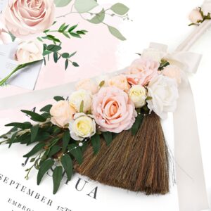 LORDLDS Wedding Broom DIY Jumping Broom for Wedding Ceremony 28 inch Tall Whisk Broom with Artificial Roses/Green Leaves/Ribbons/Pearl