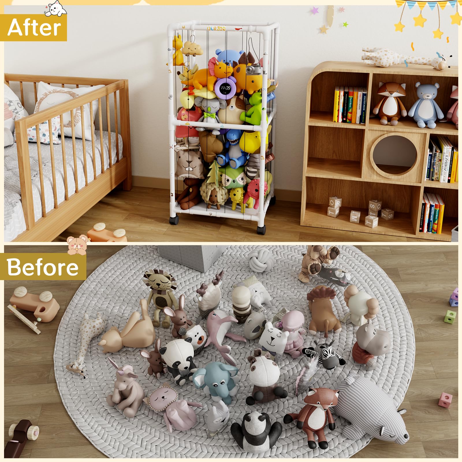 HAIDAIYA Extra Large Stuffed Animal Zoo Cage with Wheel, Stuffed Animal Storage Shelves Display, Plush Animal Storage Holder for Stuffed Animals, Playroom, Bedroom, Nursery, Kids Toy Storage Organizer