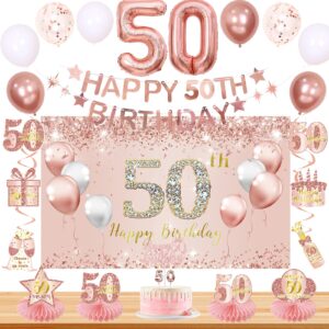 trgowaul 50th birthday decorations for women,23pcs rose gold happy birthday party supplies,backdrop, hanging swirl flag,birthday balloons,50 year old birthday set