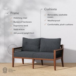 Nathan James Freya Bohemian Wood Loveseat, Upholstered Loveseat Sofa for Patio, Solid Acacia Wood Frame, Dark Acacia