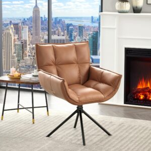 fahomiss 360° swivel desk chair no wheels - mid-century modern desk chair, upholstered faux leather desk chair with metal legs, office chair for living room reading room office(brown, x1)