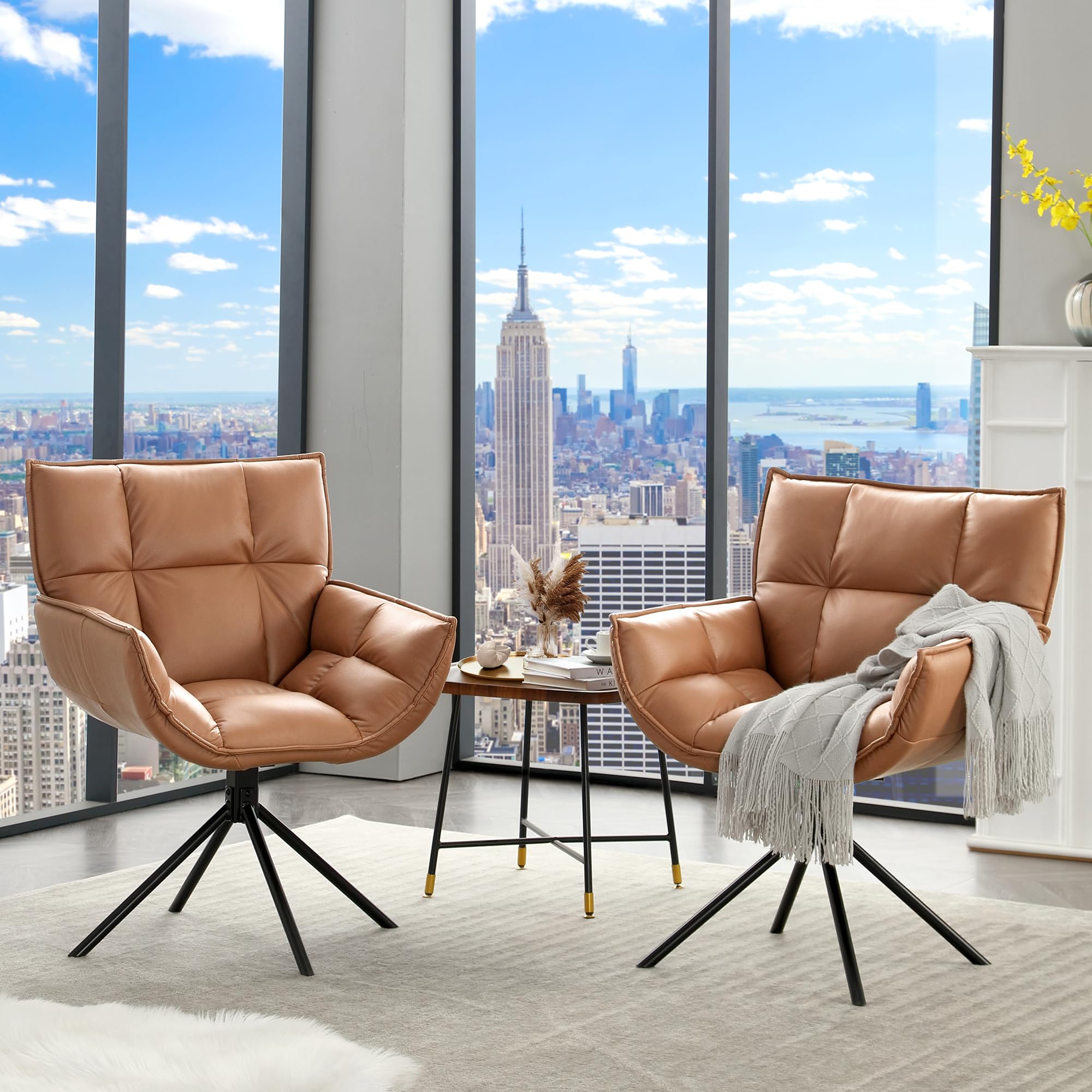 Fahomiss 360° Swivel Desk Chair No Wheels - Mid-Century Modern Desk Chair, Upholstered Faux Leather Desk Chair with Metal Legs, Office Chair for Living Room Reading Room Office(Brown, X1)