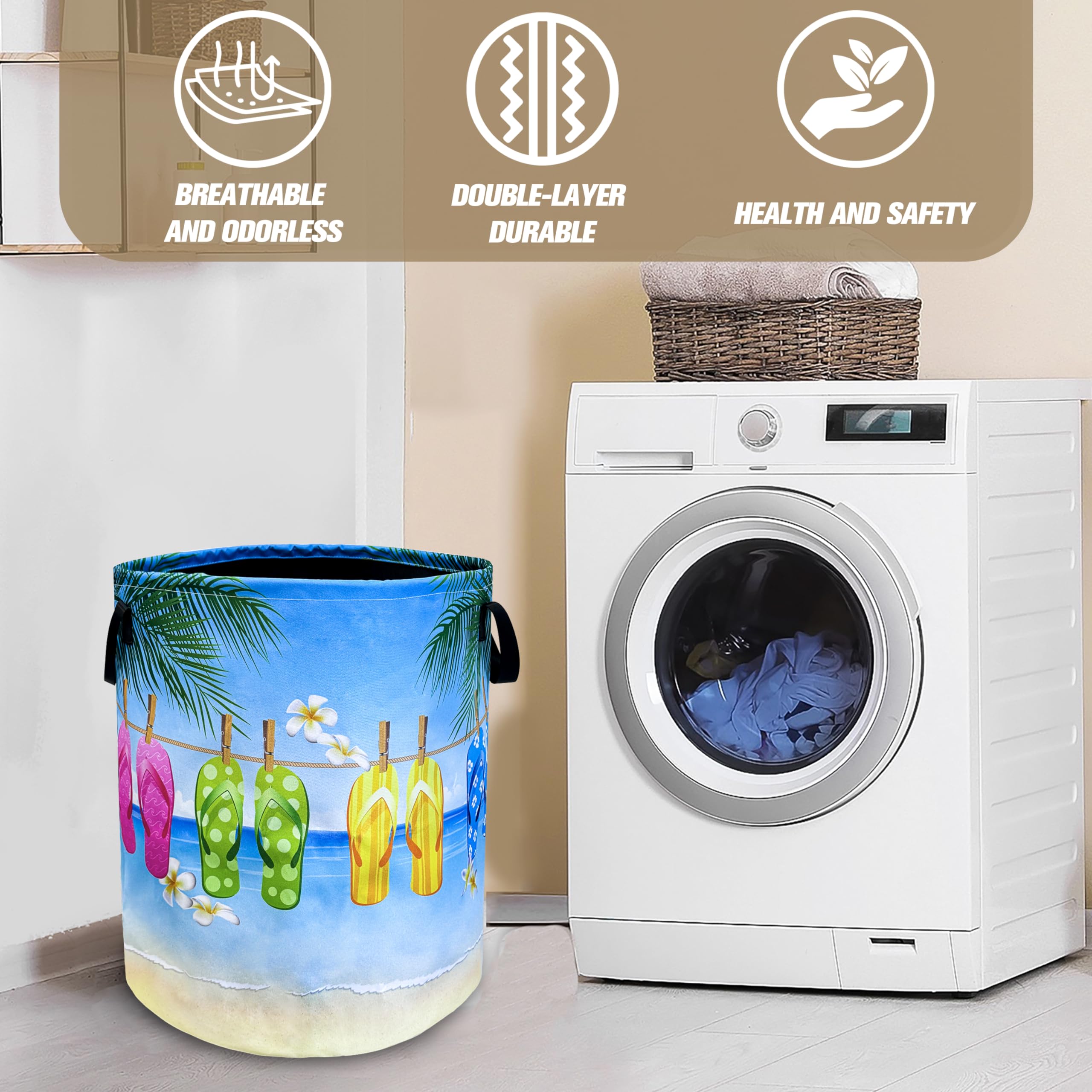 Hawaii Beach Flip Flops Laundry Basket Seaside Foldable Oxford Cloth Funny Tote Bag Laundry Hamper Clothes Storage Bucket Toy Organizer For Bathroom/Laundry Storage/Bedroom 18.9x16.5 Inch